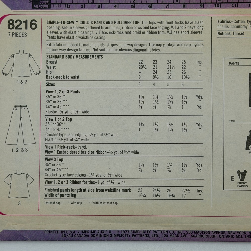 Simplicity 8216 Sewing Pattern Child Size 3 Multi-Color 1977 Boho Top Pants - Picture 5 of 7
